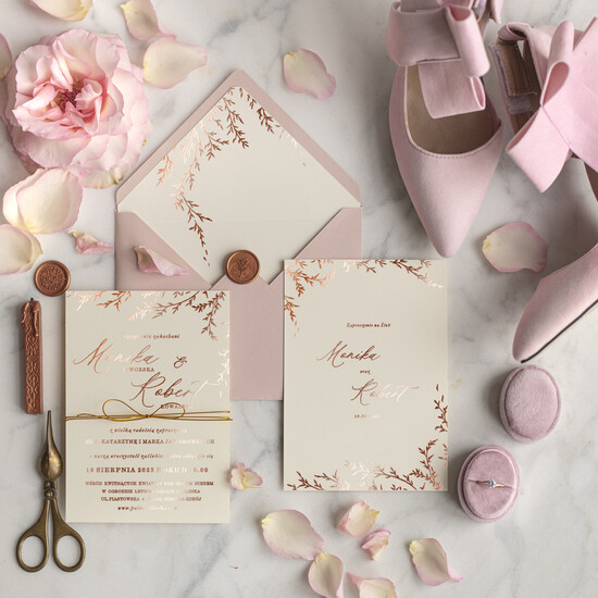 Zaproszenia ślubne Złote Glamour Listki  Minimalistyczne zaproszenia ślubne, złocone zaproszenie ślubne Proste zaproszenie na ślub Ró 02/rosegoldSZ/z
