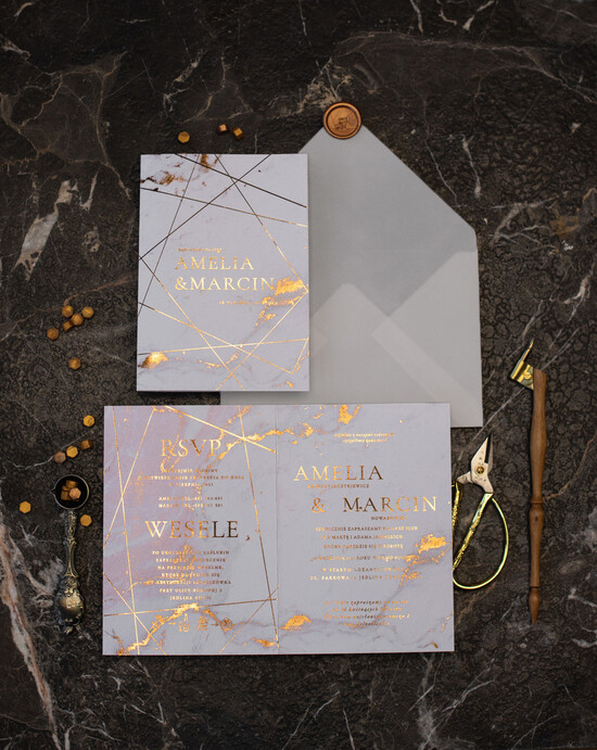 Zaproszenia ślubne Złote Glamour złote zaproszenia ślubne marmur geometryczne złocone zaproszenie na ślub marmurkowe 01/marmurglam/z