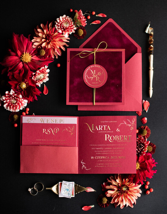 Zaproszenia ślubne Złote Glamour Ekskluzywne  Złote  zaproszenia ślubne, Welurowe zaproszenie ślubne Bordowe zaproszenie na ślub Welu 01/VelLamSZ/z