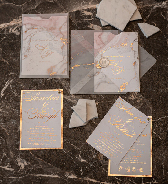 Zaproszenia ślubne Złote Glamour złote zaproszenia ślubne marmur  złocone zaproszenie na ślub marmurkowe przeźroczysta koperta z kalk 1/goldmarmur/z