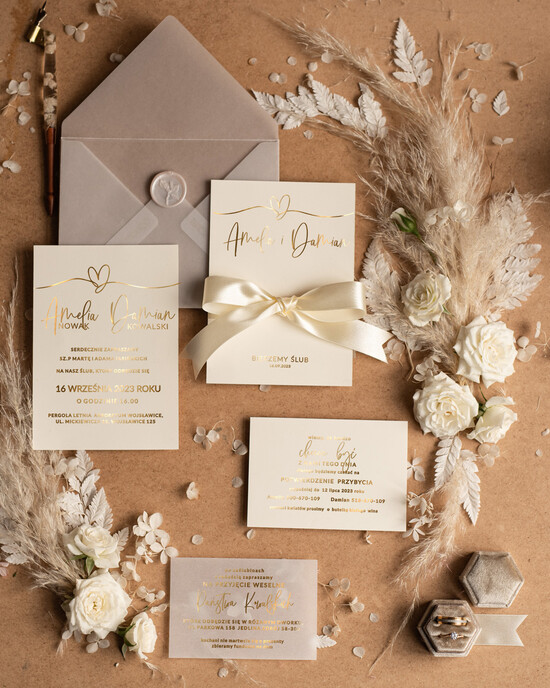 Zaproszenia ślubne Złote Glamour niepowtarzalne zaproszenia ślubne, złoty i srebrny laminat zaproszenia ze wstążką  01/goldWSgr/z