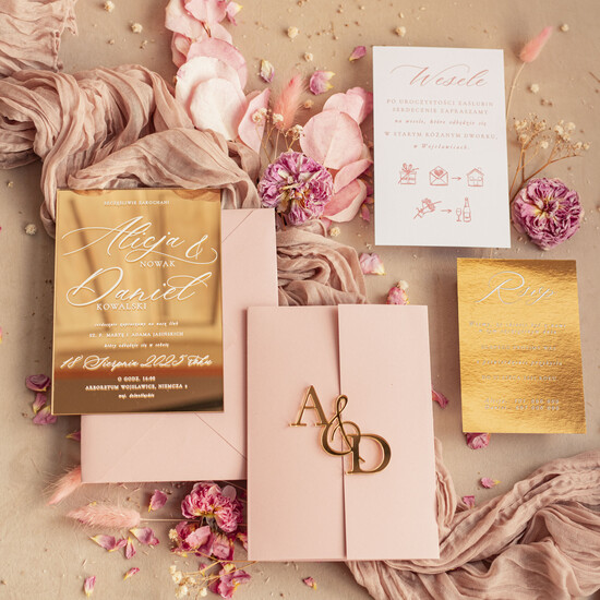 Zaproszenia ślubne Złote Glamour zaproszenie ślubne na lustrze ,złote zaproszenia ślubne z lustrzanym monogramem, różowe zaproszenie  01/mrglutrPX/z24