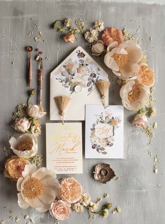 Zaproszenia ślubne Złote Glamour złote ekskluzywne zaproszenia ślubne ecru ze złotym złocone luksusowe zaproszenia na ślub boho kwiat 02/lamchw/z