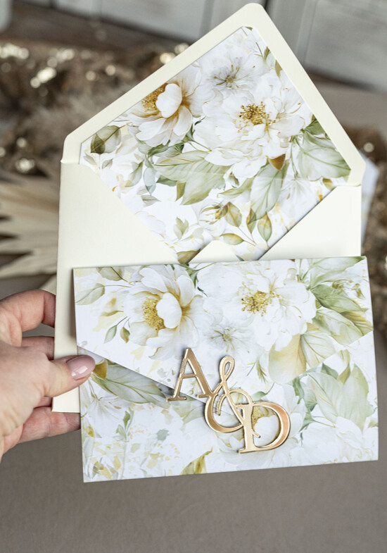 Zaproszenia ślubne Złote Glamour Poziome złote zaproszenia ślubne z lustrzanym monogramem, Kopertowe biało kremowe  zaproszenie na śl 04/kopZŁ/z24