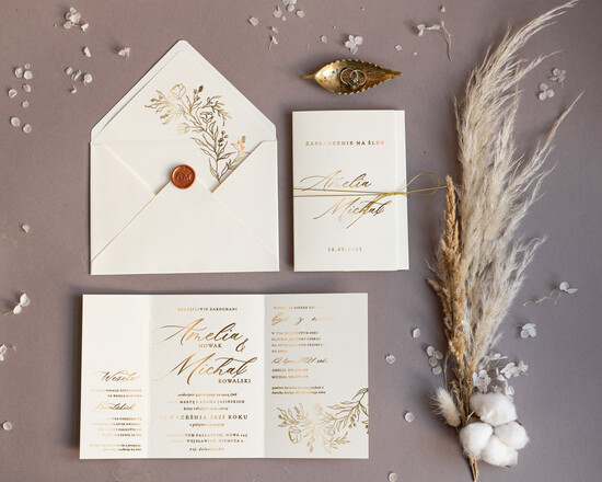 Zaproszenia ślubne Złote Glamour zaproszenia na ślub w plenerze, laminowane litery na złoto, składane zaproszenia ślubne  04/goldskl3szn/z