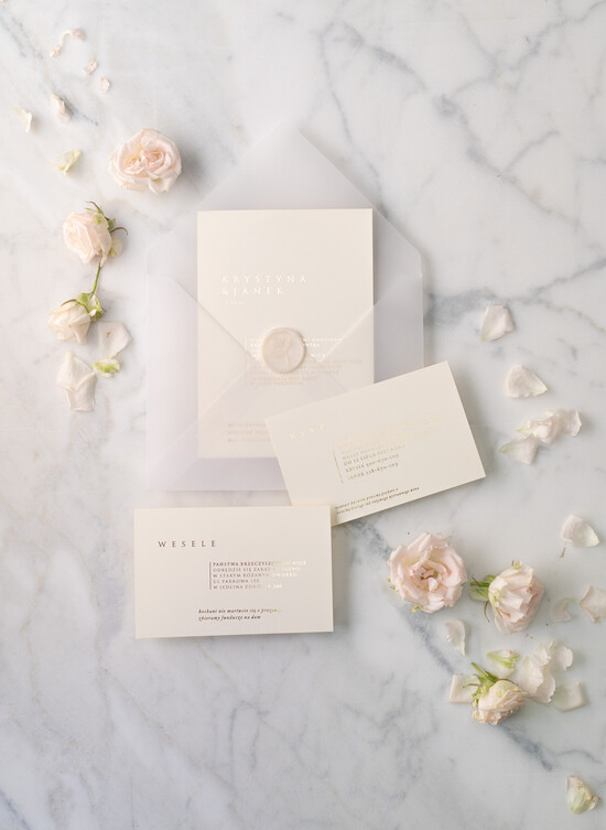 Zaproszenia ślubne Złote Glamour minimalistyczne złote zaproszenia na ślub w delikatnej kolorystyce przeźroczysta koperta 1/gold/z