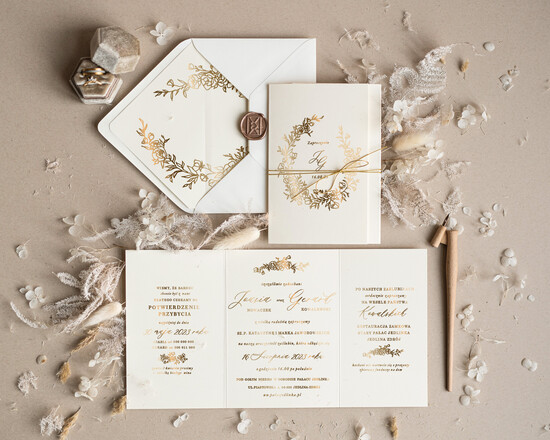 Zaproszenia ślubne Złote Glamour zaproszenia na ślub cywilny, idealne na wesele w złotych kolorach, składane zaproszenia złoty sznure 13/goldskl3szn/z