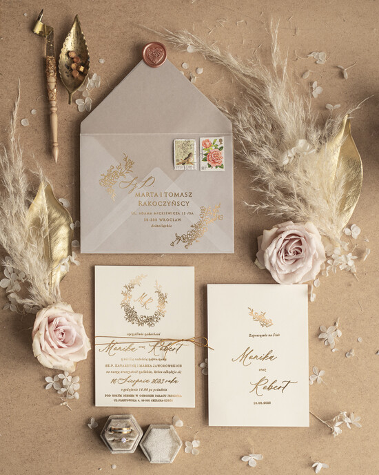 Zaproszenia ślubne Złote Glamour Minimalistyczne złocone Zaproszenia ślubne Boho Zaproszenie na Ślub Złote 01/MinGold/z