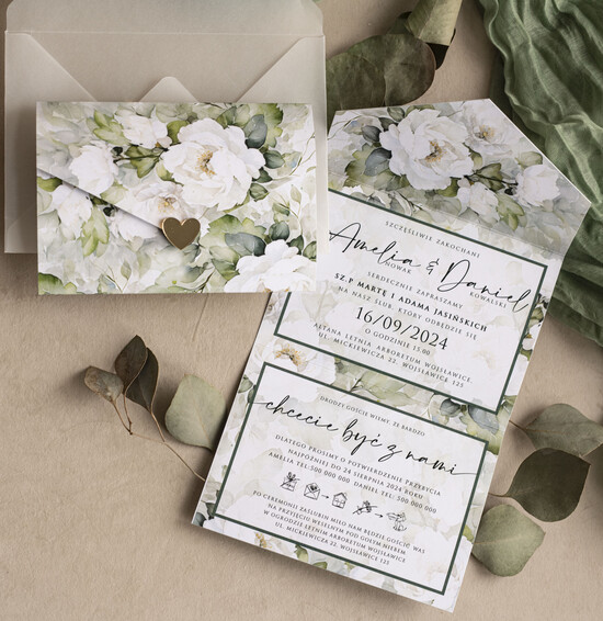 Zaproszenia ślubne Złote Glamour Poziome zaproszenia ślubne z lustrzanym sercen, Kopertowe biało zielone zaproszenie na ślub wiosenny 03/kop/z24