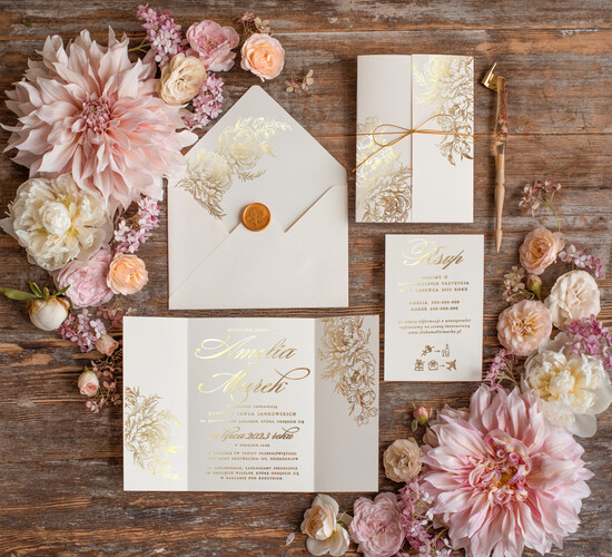Zaproszenia ślubne Złote Glamour Złote błyszczące zaproszenie na ślub Peonie Kwiaty Złocone Litery Zaproszenia Ślubne Glamour Proste  01/goldfoldszn/z