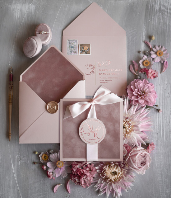 Zaproszenia ślubne Złote Glamour Proste Złocone zaproszenia ślubne welurowe, Pudrowy Róż i  Złoto Minimalistyczne Zaproszenia na Ślub 02/VelLam/z