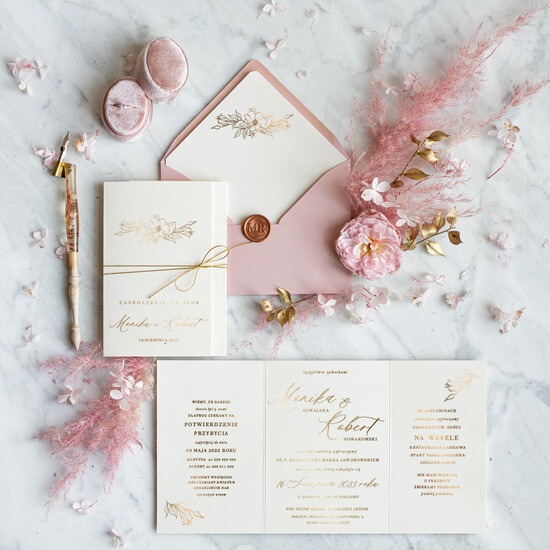 Zaproszenia ślubne Złote Glamour spersonalizowane zaproszenia na ślub, elegancki styl glamour, składane zaproszenia ślubne 21/goldskl3szn/z