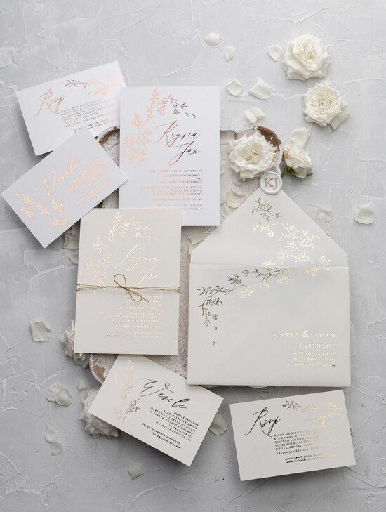 Zaproszenia ślubne Złote Glamour delikatne złote zaproszenia ślubne w eleganckim stylu glamour z motywem listków   10/goldk2/Z