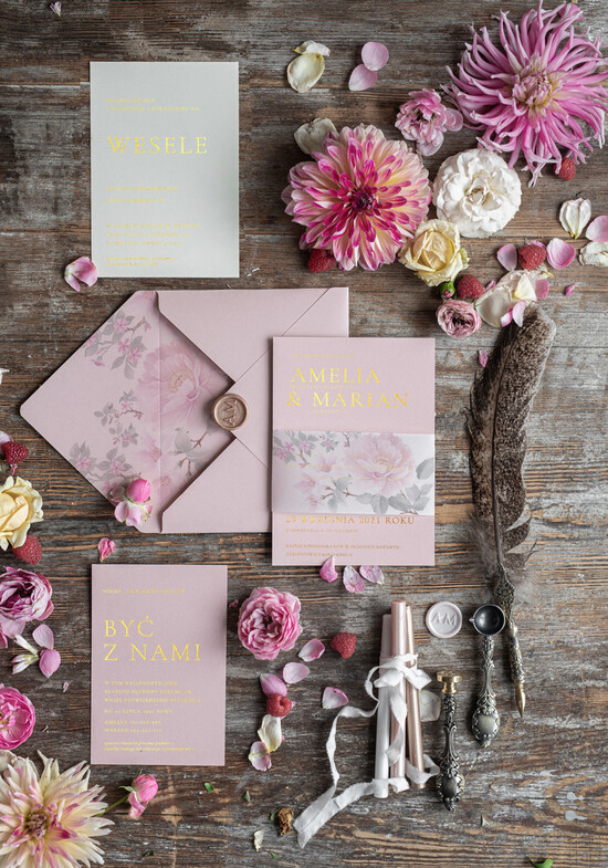 Zaproszenia ślubne Złote Glamour modne zaproszenia ślubne glamour złoty i błyszczący nadruk różowe zaproszenie na ślub z różami  02/obwoglam/z