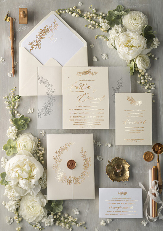 Zaproszenia ślubne Złote Glamour Minimalistyczne Zaproszenia Ślubne Złocone Zaproszenia na Ślub Ecru i Zloto 04/glamF/z