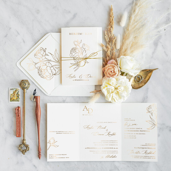 Zaproszenia ślubne Złote Glamour modne zaproszenia ślubne,  złoty nadruk kwiaty, pąki kwiatów składane zaproszenia ze sznurkiem  20/goldskl3szn/z