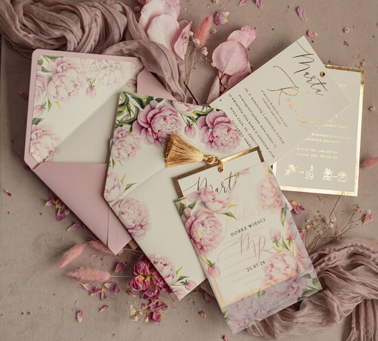 Zaproszenia ślubne Złote Glamour złote zaproszenia ślubne z kalkowym etui, różowe zaproszenie na ślub z piwoniamo złocone, zaproszeni 01/Ketui/z24