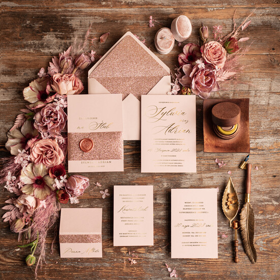 Zaproszenia ślubne Złote Glamour Rose Gold Minimalistyczne zaproszenia ślubne, złocone Brokatowe zaproszenie ślubne Nowoczesne zapros 03/owlam/z