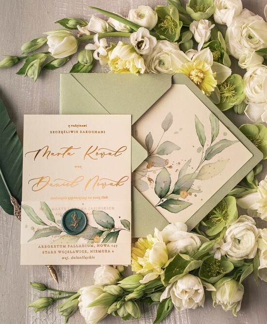 Zaproszenia ślubne Złote Glamour wyjątkowe zaproszenia ślubne glamour złote napisy zaproszenia na ślub w zielonych kolorach  01/owlam/z