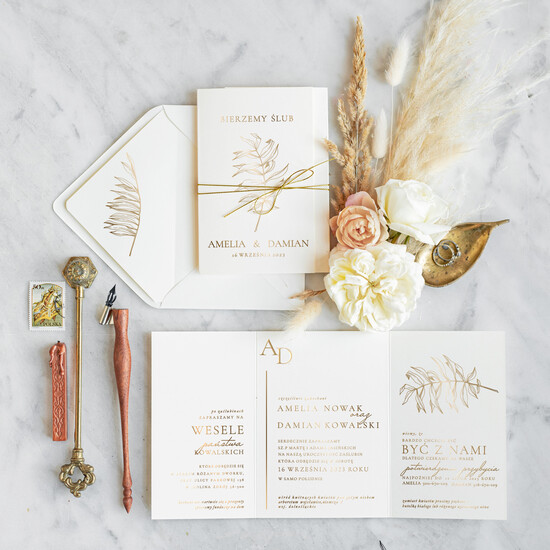 Zaproszenia ślubne Złote Glamour oryginalne zaproszenia na ślub, klasyczne złote i błyszczące, grafika liście na zaproszeniach  19/goldskl3szn/z