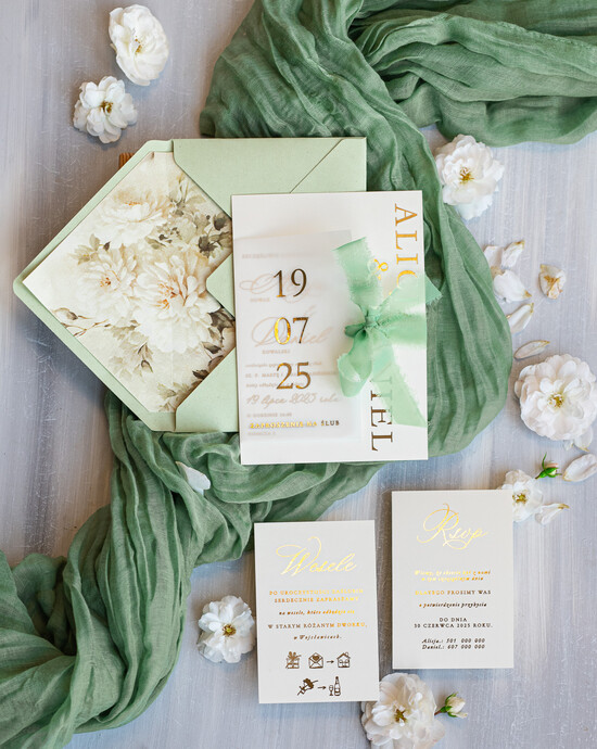 Zaproszenia ślubne Złote Glamour szałwiowe zaproszenia na ślub, nowoczesne zaproszenia w kolorze szałwii, zaproszenia ślubne ze złoty 01/KLws/z25