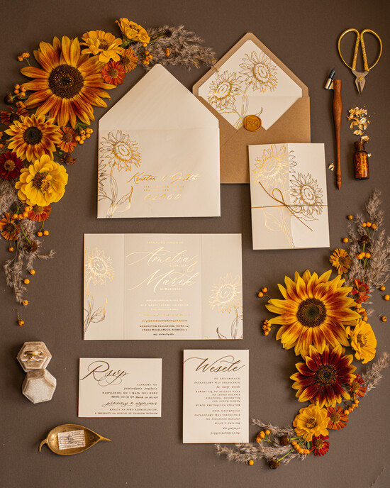 Zaproszenia ślubne Złote Glamour Złote Minimalistyczne zaproszenia ślubne, złocone Słoneczniki zaproszenie ślubne Nowoczesne zaprosze 02/goldSŁ/z