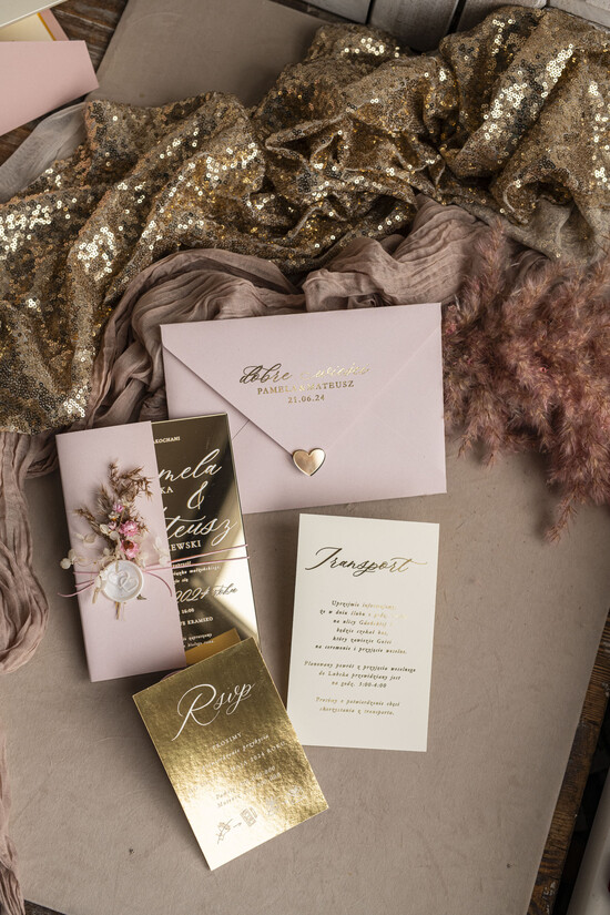 Zaproszenia ślubne Złote Glamour zaproszenie ślubne na lustrze, złote zaproszenia ślubne z lakiem i bukiecikiem kwiatów, różowe zapro 01/plxKW/z24