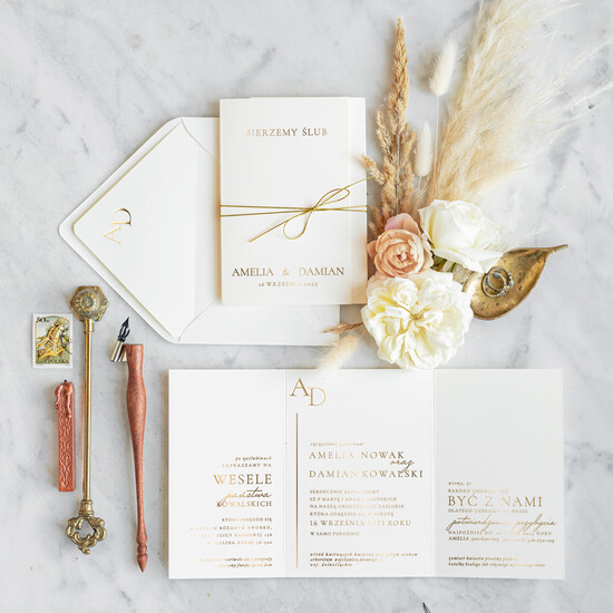 Zaproszenia ślubne Złote Glamour nowoczesne zaproszenia na ślub, modny zloty nadruk  18/goldskl3szn/z