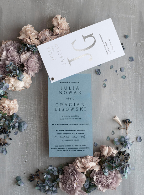 Zaproszenia ślubne Złote Glamour srebrne zaproszenia ślubne dusty blue zaproszenie na ślub minimalistyczne srebro i niebieski 06/geomlam/z