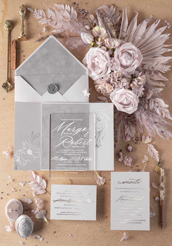 Zaproszenia ślubne Złote Glamour eleganckie zaproszenia ślubne z welurem nadruk na pleksie   03/akrylwel/z