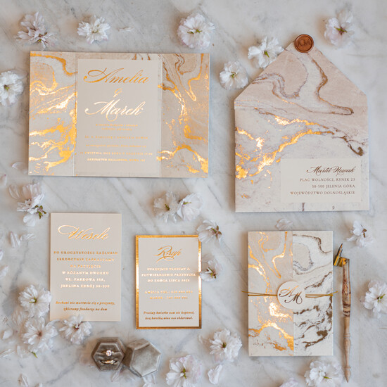 Zaproszenia ślubne Złote Glamour Marmurkowe Zaproszenia Ślubne kremowo złote Zaproszenie na Ślub Glamour Złocone Zaproszenia na Ślub  12/marmurrose/z