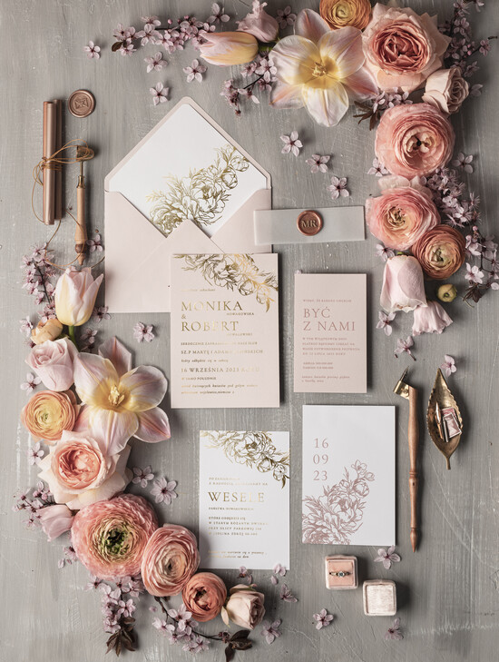 Zaproszenia ślubne Złote Glamour Proste zaproszenia na ślub ręcznie robione, luksusowe złote  zaproszenie slubne, różowe glamour zapr 01/goldkal1/z