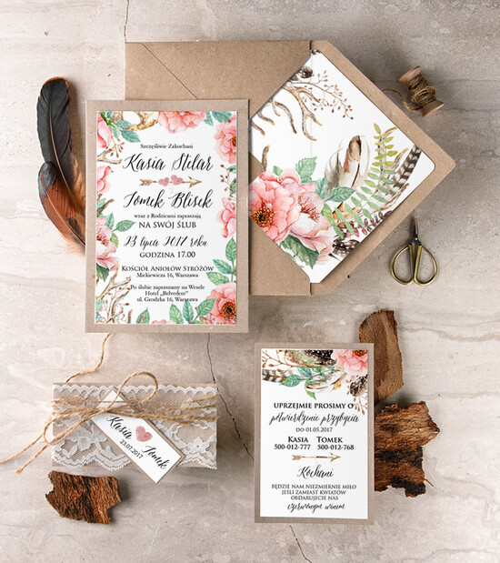 Zaproszenia ślubne Boho  unikatowe zaproszenia ślubne, boho styl kwiatowy elegancki 004/BHszK/z