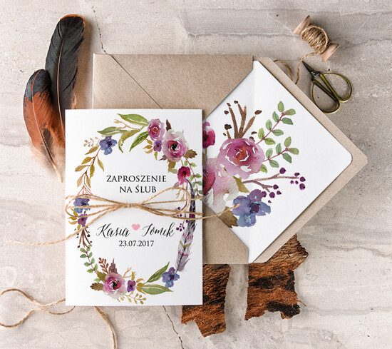 Zaproszenia ślubne Boho  modne zaproszenia weselne, boho styl kwiatowy elegancki 03/BHsz1/z