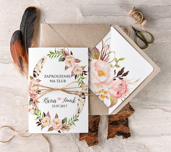 Zaproszenia ślubne Boho  najpiękniejsze zaproszenia ślubne, boho styl kwiatowy elegancki 04/BHsz1/z