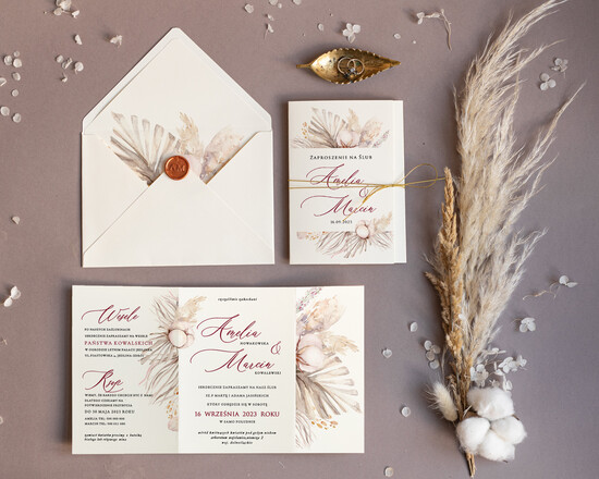 Zaproszenia ślubne Boho  Proste Boho Zaproszenia Ślubne Trawa Pampasowa  Minimalistyczne Zaproszenia na Ślub Delikatne Zapros 01/bohoSKsz/z