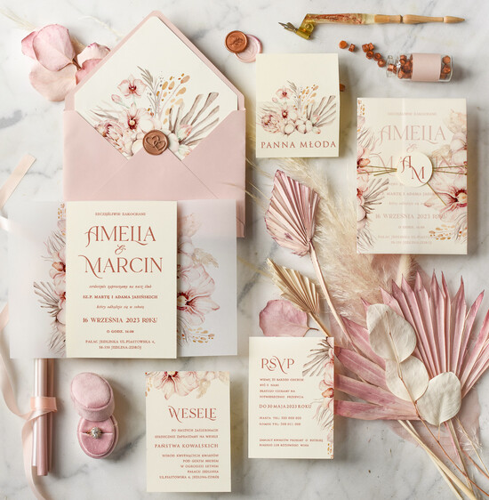 Zaproszenia ślubne Boho  Boho Różowe Zaproszenia Ślubne Trawa Pampasowa  Minimalistyczne Zaproszenia na Ślub Delikatne Zapros 01/bohoKAL/z