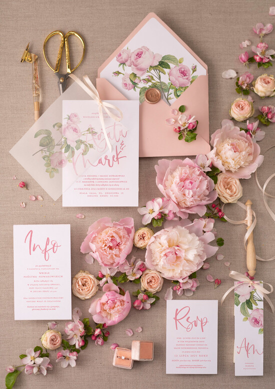 Zaproszenia ślubne Boho  delikatne zaproszenia na ślub w plenerze w różowej kolorystyce z różami  1/kalw/z