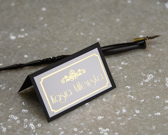Winietki glamour ozdobne winietki na ślub wizytówki dla gości weselnych, złote lub srebrne napisy 002/Glz/w