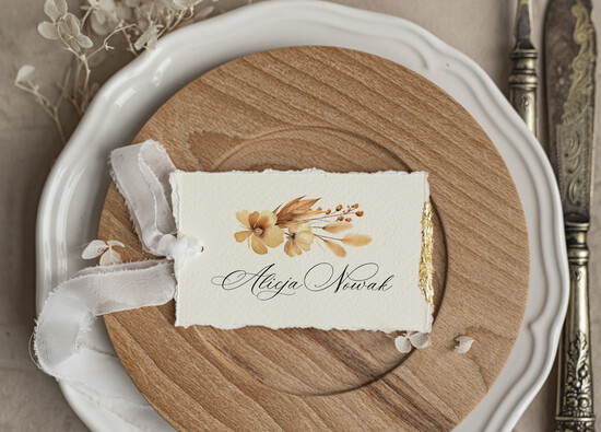 Winietki glamour złote eleganckie winietki na stół weselny wizytówki ślubne, winietki z płatkami złota, darte winietk 04/wrzlN/w25