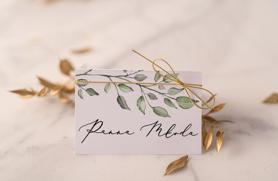 Winietki glamour wizytówki dla gości weselnych złocone winietki stołowe rose gold lub złote zielone listki 05/CBL/w