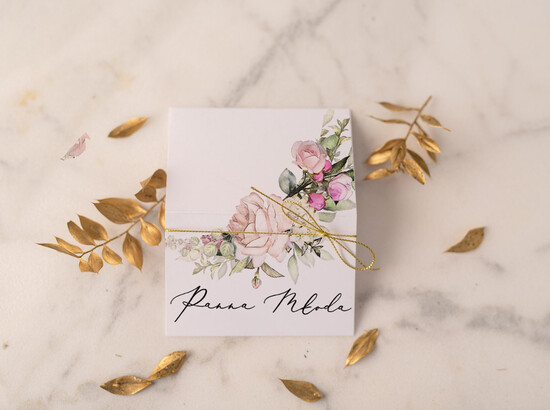 Winietki glamour zlocone winietki ślubne wizytówki ze złotym sznureczkiem różami 01/CBL/w