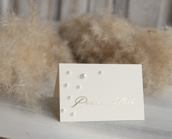 Winietki glamour winietki ślubne wizytówki dla gości weselnych, złote napisy na winietkach, winietki z perełkami, zło 01/perL/w