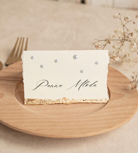 Winietki glamour winietki na stoły weselne z perełkami, winietki ślubne ze złotem, winietka na stół weselny z płatkam 01/perOwZl/w25