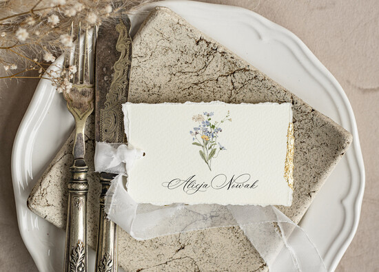 Winietki glamour złote eleganckie winietki na stół weselny wizytówki ślubne, winietki z płatkami złota, darte winietk 01/wrzlNk/w25