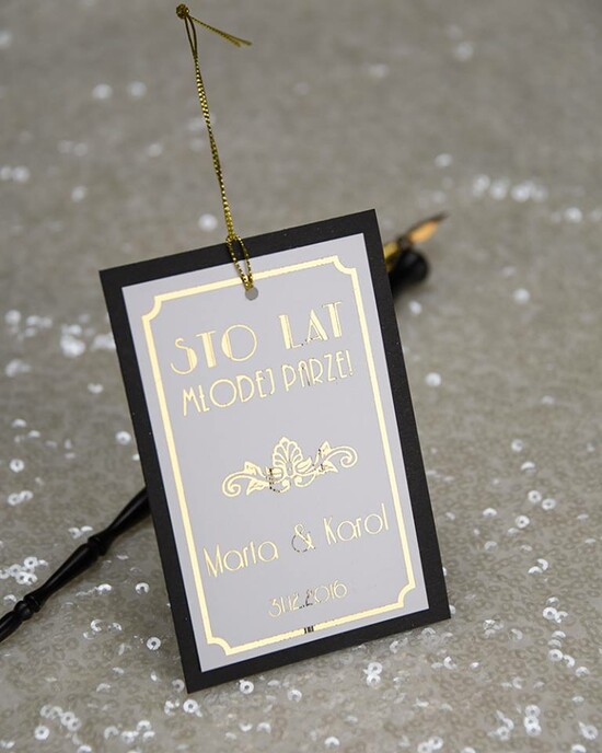 Zawieszki na butelki glamour ślubne zawieszki na alkohol, złote z waszą treścią 002/GLzp/zw