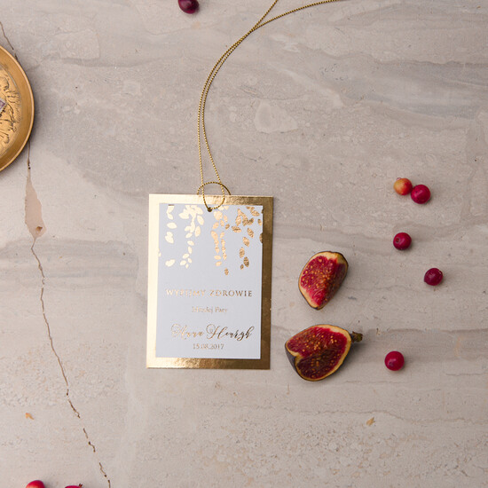 Zawieszki na butelki glamour zawieszki na alkohole weselne, złote z waszą treścią 004/Ggl/zw