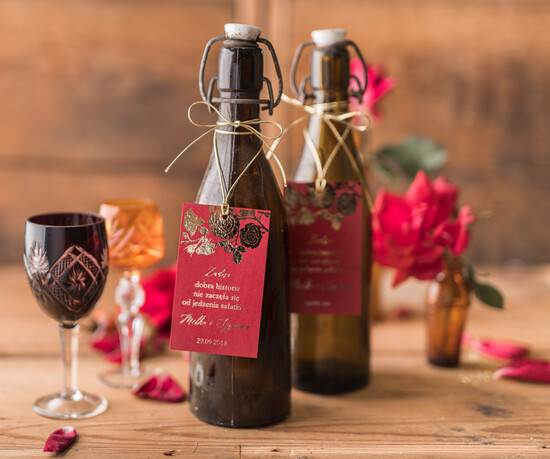 Zawieszki na butelki glamour zawieszka etykieta na alkohole weselne, złote z dowolnym tekstem 010/GLz/zw