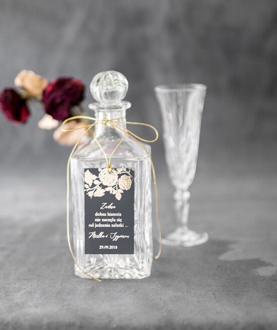 Zawieszki na butelki glamour zawieszki na alkohole weselne, złote z dowolną treścią 011/GLz/zw