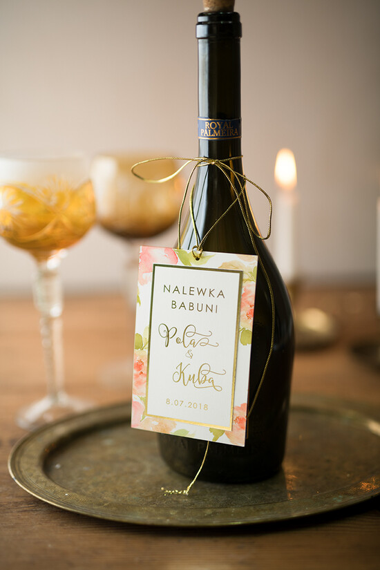 Zawieszki na butelki glamour zawieszki ślubne na butelki, złote z dowolnym tekstem 02/GNO/zw